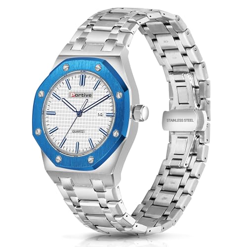 Image of Portive Quartz Watch for Men, Silver Stainless Steel Bracelet, Black Dial, Date Display, Octagonal Case