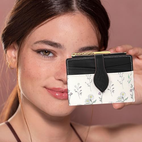 Image of Farcauo Cute Black Minimalist Flower Wallet for Women Small Kawaii Coin Purse with ID Window Lightweight and Stylish Design Compact Cash Wallet for Ladies