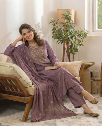 Image of ANNI Designer Women's Viscose Straight Printed Embroidery Kurta with Pant & Dupatta | Long Sleeve Ethnic Kurta Set for Women | Casual Office, Daily, Party Outfits