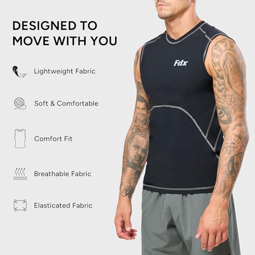 FDX Mens Compression Armour Base Layer Tops Running Sleeveless Sports Shirt (Black/Gray, Large) - Image 2