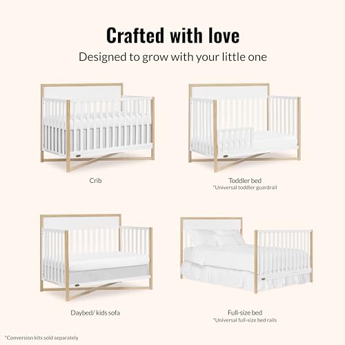Image of Dream On Me Owen 5-in-1 Convertible Full Size Baby Crib, GREENGUARD Gold | 3 Adjustable Height, Converts to Toddler, Day and Full Size Bed, BSA Verified, ASTM /CPSC Tested, Wooden X-base, White Oak