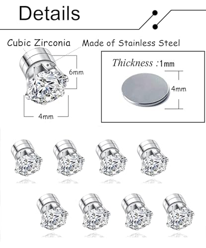 14 Pairs Magnetic Stud Earrings Multicolor Cubic Zirconia Clip on Earrings Set Non-Piercing Fake Earring Jewelry for Women Men 4MM 6MM2