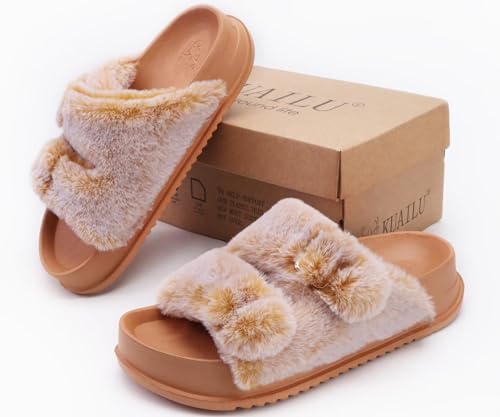 Image of KuaiLu Women's Fluff Slippers Plantar Fasciitis Arch Support Platform Slippers Ladies Fashion Open Toe Faux Fur Sliders Womens House Slipper Size 6-12