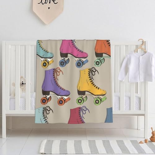 カラフルなローラースケート 子供用柔らかい厚手毛布 洗えるふわふわ軽量フランネルブランケット 車用オフィス携帯用毛布 150×200cm