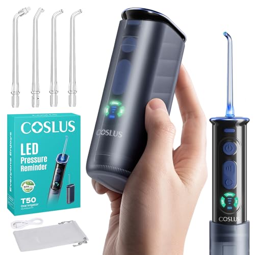 COSLUS T50 Portable Water Flosser for Travel: Mini Cordless Dental Pick with Screen Display & Pressure Indicator Light 240ml 9-Level for Braces Gum Care Rechargeable On-the-Go IPX7 Black