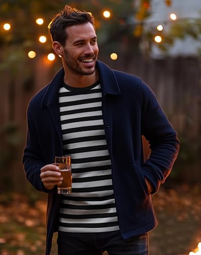 Zengjo Men's Casual Cotton Spandex Striped Crewneck Long-Sleeve T-Shirt Basic Pullover Stripe tee Shirt2