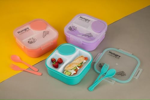 Image of KITNET Hungry Bento Lunch Box for Kids & Adults | Leakproof, 4-Compartment Tiffin with Spoon & Fork | BPA-Free, Microwave & Dishwasher Safe Pink