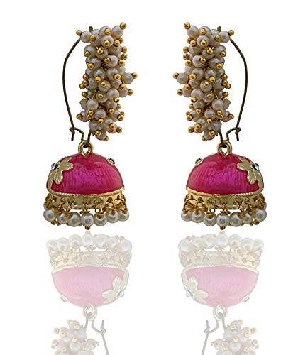 Moonstruck Golden Meenakari Jhumkas With White Pearls For Women (Green)2