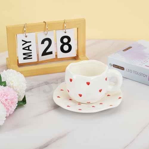 Image of Koythin 10oz Ceramic Mug With Saucer, Small Red Heart Couple Latte Tea Cup