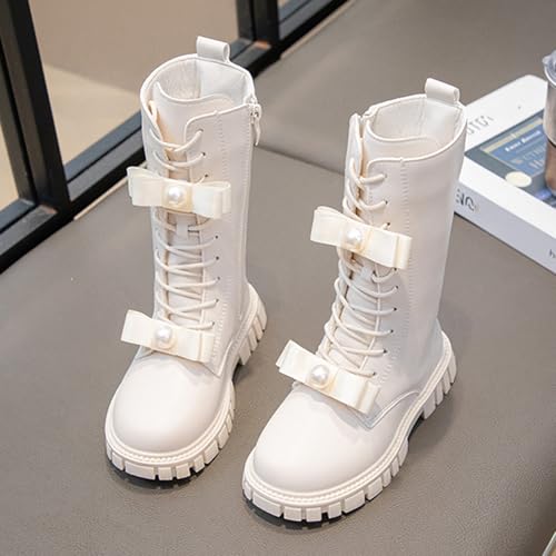 Girls Fur Lined Riding Boots Pearls Lace Up Mid Calf Combat Boots Leather Side Zipper Winter Warm Lug Sole Boot3