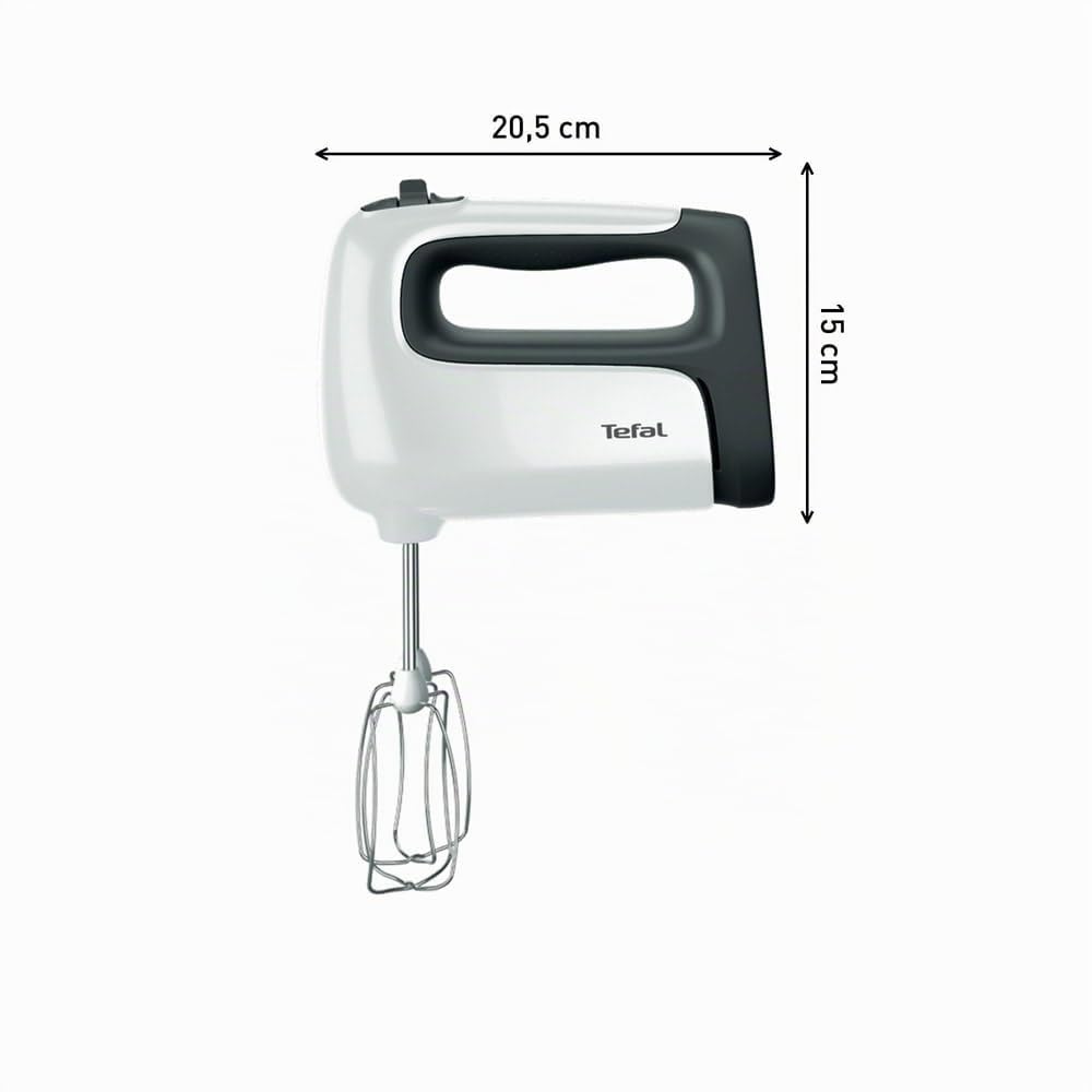 Tefal HT4611 Prep'Mix+ Batteur à main | 500 W | Bouton coulissant à 5 vitesses + Turbo | Accessoires inclus : 2 fouets, 2 crochets pétrisseurs, presse-purée/verre doseur | Blanc/noir