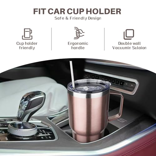 Image of 30 oz Tumbler with Handle, Stainless Steel Insulated Tumbler with Lid and Straw, Double Wall Vacuum Insulated Coffee Mug Tumbler, Insulated Coffee Thermal Cup for Cold and Hot (Rose gold)