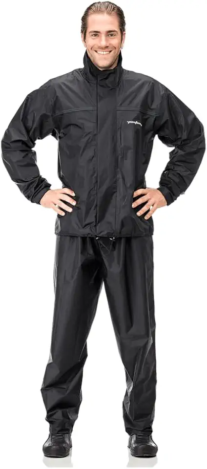 Capa de Chuva de Nylon com Gola PANTANEIRO 1000, Conjunto Impermeável para Motociclista, Preto, Jaqueta e Calça de Chuva com Faixa Refletiva, para Uso Externo