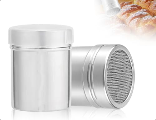 AOYEGIC Lot de 2 saupoudreuses à sucre en poudre,saupoudreuses à cacao en acier inoxydable avec couvercle à mailles fines,idéales pour cappuccino,café,chocolat,sucre et sel, à l'école et à la maison