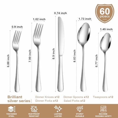 Lazycorner Silverware Set 60 Piece Stainless Steel Flatware Set Silverware Utensils for 12 People Includes Forks Knives Spoons & Salad Forks Dishwasher Safe for Home Restaurant or Outdoor Use by Lazycorner - Image 2