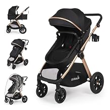 6-in-1 Convertible Baby Stroller with Bassinet Pushchair - Folding Infant Newborn Stroller w/Footmuff, Rain Cover, Cup Holder & Large Storage, Toddler w/All-Scene Large Wheels, Reversible SeatBlack