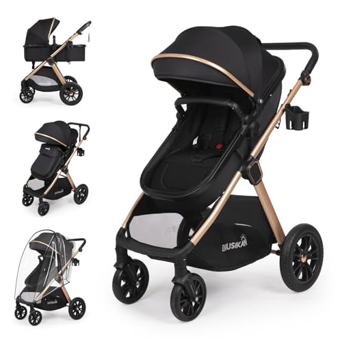 6-in-1 Convertible Baby Stroller with Bassinet Pushchair – Folding Infant Newborn Stroller w/Footmuff, Rain Cover, Cup Holder & Large Storage, Toddler w/All-Scene Large Wheels, Reversible Seat(Black)