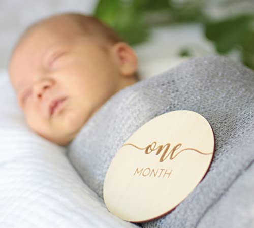 Declan & Delaney Monthly Baby Milestone Cards | 16 Wooden Milestone Discs, Includes Boy/Girl Birth Announcement Sign | Baby Monthly Milestone Props Perfect For Newborn To Age 1 | Baby Shower/Gift Set #TOP1