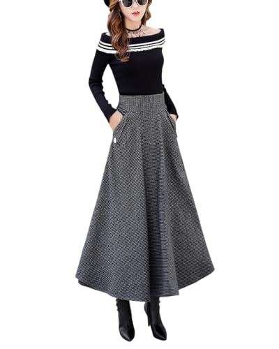 Rock Damen Lang Woll Faltenrock Vintage Elegant Plaid Hohe Taille Warm...