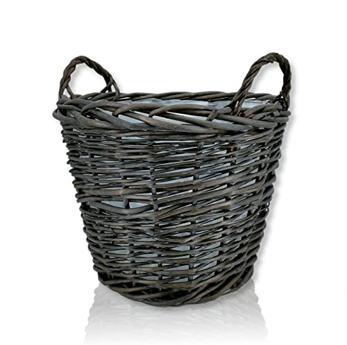 DARO DEKO Weiden Pflanzkorb mit Henkeln und Kunststoffeinsatz Aufbewahrungskorb Pflanzkübel Übertopf Blumen-Korb (schwarz, Ø 58cm)