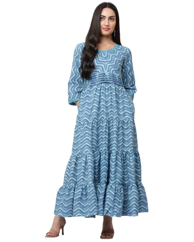 Image of SAVI Women's Pink Cotton Printed Tiered Maxi Dress | Round Neck | 3 /4 Sleeves | Gathered Waist | Flared Long Dress | Casual & Ethnic Wear