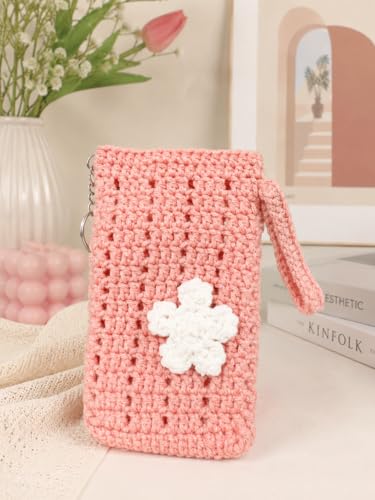 Image of Handmade Crochet Mobile Pouch for Women & Girls | Knitted Phone Holder with Wrist Strap | Cute Floral Aesthetic Mobile Cover Case | Soft Yarn Handmade Gift Pink