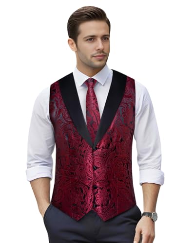 Image of DiBanGu Mens Paisley Suit Vest Silk Jacquard Waistcoat and Necktie Set Formal Shawl Collar Dress Vest 7PCS for Wedding Party