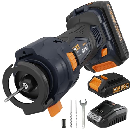 Cordless Drywall Cut Out Tool, MAXXT 20V Drywall Rotary Saw 28000 RPM with 2.0Ah Battery and Quick Charger, Tool Free Depth Adjustment, Drywall Cutting Tool for Plywood/Wood/Drywall(Included 2 Bits)