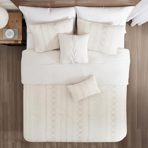 Image of Modern Threads Marcy Ivory Jacquard Comforter Set - 5 Piece Sandstone-Inspired Bedding with Decorative Pillows & Shams, Elegant Soft Textured Bed Set for All Seasons, King