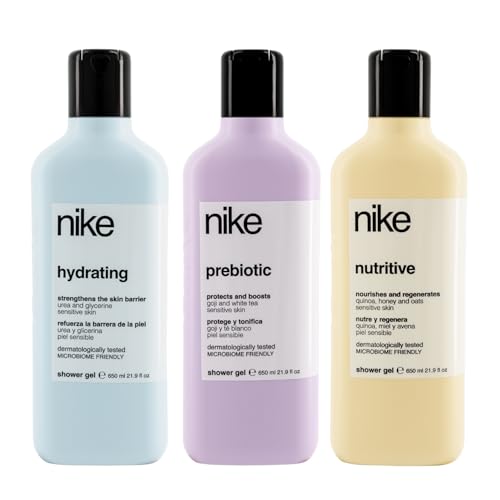 NIKE - Gel de Baño Hidratante, Nutritivo y Prebiótico 3x650 ml, Pack 3, Gel Ducha, Equilibrio Natural de la Piel, Fórmula Respetuosa con el Microbioma Cutáneo, Cuidado Avanzado de la Piel