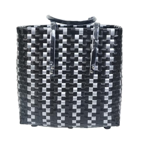 Image of Hand Made Multipurpose Plastic Basket with Lid | Eco-Friendly, Washable, Rust-Free Storage Basket for Kitchen, Picnic, Toys, Travel, Office | Lightweight basket (SILVER BLACK, Extra Large)