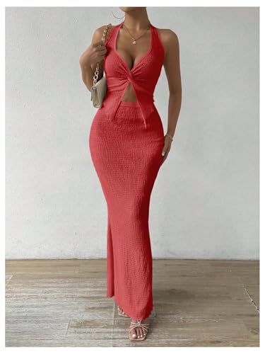 Image of SOLY HUX Women's Two Piece Outfits Twist Front Halter Cami Tops and Skirt Summer Set