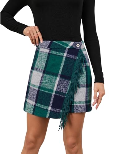 Women's Plaid Fringe Wrap Mini Skirt High Waist Wool Blend Tartan Bodycon Short Skirt for Fall Winter 2025