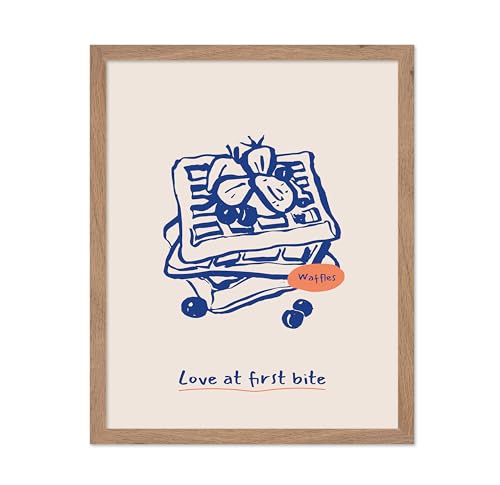 Poster Master Love At First Bite Poster - Retro Waffle Print - Pastry Art - Food & Drink Artwork - Dessert & Sketch Illustration - Chic Boho Design - Kitchen or Bakery Decor - 11x14 Beige Framed