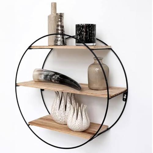 Vivol - Étagère murale en métal - Noir avec plateaux en bois ronds - 3 plateaux en bois - 50x19 cm - Étagère murale suspendue - Décoration murale pour salon,...