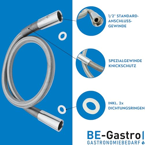 BE-GASTRO® I Profi Gastroschlauch Brauseschlauch 100cm inkl. Spezial-Knickschutz | 1/2 Standard-AG | Ersatzschlauch für Geschirrbrause/Gastrobrause Gastro Schlauch 1000mm