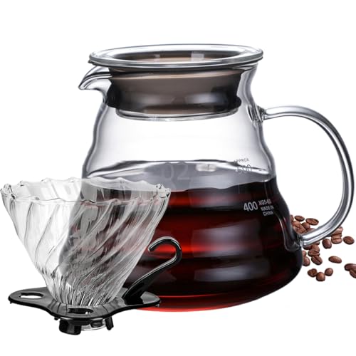 Hand Brewed Glass Coffee Pot with Cover, 800ml / 600ml /360ml Glass Pour Over Coffee Maker, Standard Glass Coffee Carafe with Glass Coffee Dripper for Home, Office (600ml)
