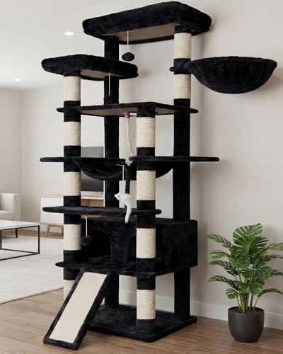 Heybly Tall Cat Tree 78-inch Multi-Level Cat Tower for Indoor Cats 2 Widened Plush Perches Cat Condo with Scratching Board and Big Caves Smoky Gray HCT033G