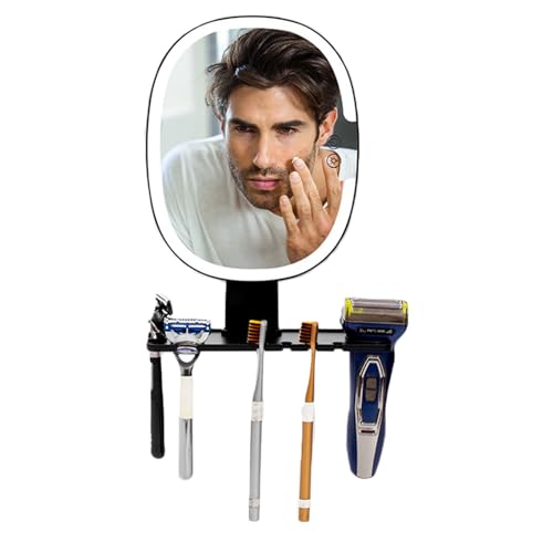 pltyfse Lighted Shower Mirror Fogless for Shaving,Bathroom Shaving Mirror with Storage Tray & Razor Holder, 3 Color Modes Dimming, Rechargeable Anti-Fog (with Light)