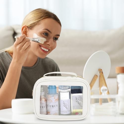 Kigeli 4 Pcs Clear Makeup Bags for Car Essential, Waterproof Clear Travel Toiletry Organizer Leather Makeup Bags with Handle Zipper, Small Cosmetic Pouch Set for Women Car Gift(White)4