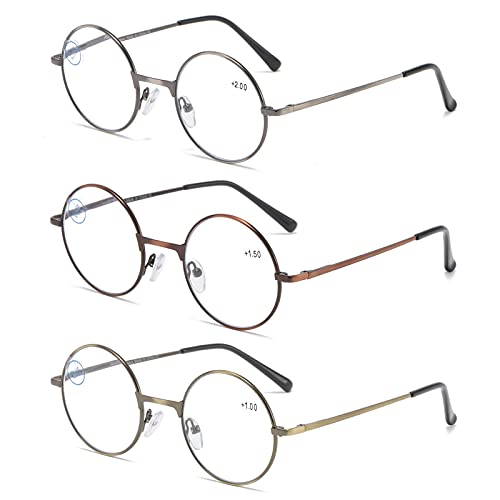 KoKoBin paquete de 3 gafas de lectura con montura redonda lector de bloqueo de luz azul montura completa de Metal gafas Retro antiluz azul para hombres y mujeres (paquete de 3, 3.0)