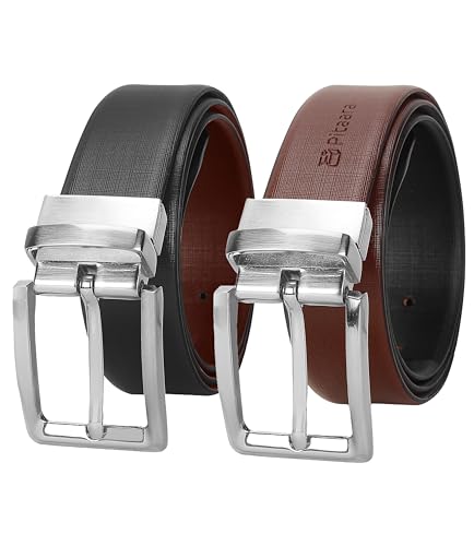 Pitaara Genuine Leather Reversible Belt For Men, Crossline Pattern (Black/Brown)