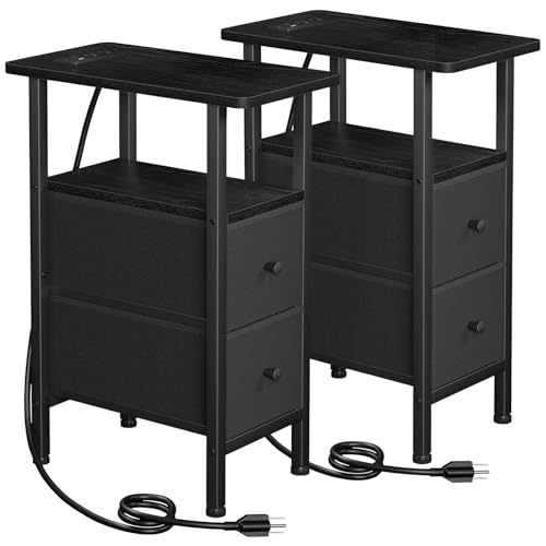 LOAKEKEL Narrow Nightstand with Charging Station, End Tables Living Room Set of 2, Skinny Side Table with Fabric Drawers, Slim Sofa Table for Bedroom, Small Spaces, Couch, Black, HETNDP02BK