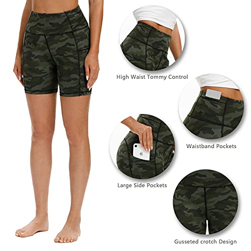 Houmous Women's 5'' Inseam High Waist Biker Yoga Shorts With 4 Out Pockets(5'' Inseam-Green Camo, Large) #TOP2