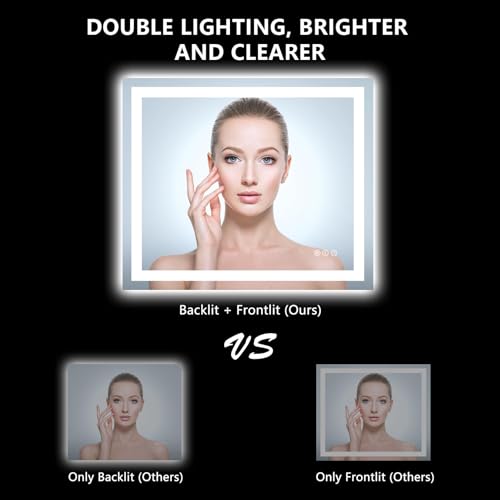 Image of 28x36 Inch LED Bathroom Mirror with Lights Front and Backlit Lighted Vanity Mirror for Bathroom Wall with 3 Colors Dimmable Anti-Fog Memory Shatter-Proof IP54 Waterproof Horizontal /Vertical