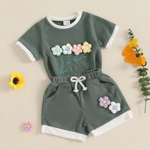 Baby Girl Clothes Waffled Flower Outfits Short Sleeve Round Neck Tops Rib Knit Shorts Toddler Girl Summer Clothes3