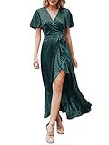 Miessial Women's Boho Leopard V Neck Ruffle Maxi Dress Summer Long Beach Wrap Dress Dark Green 14