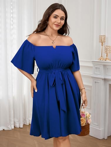 Image of SCOMCHIC Womens Plus Size Cocktail Dress Summer Off Shoulder Short Sleeve Flowy Ruffle A-Line Cute Mini Dress with Belt