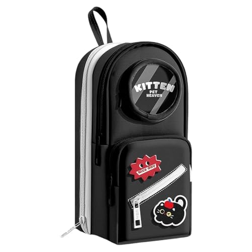 Image of WORSHIPER Cute Backpack Style Pencil Case with Visible Display Window, Multi-Layer Large Capacity Stationery Organizer for Kids & Students (Kitten-Black Pouch)