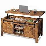 WLIVE 47.3' Farmhouse Lift Top Coffee Table with Sliding Barn Doors, Large Hidden Storage Compartment and Adjustable Shelf for Living Room,Office, Rustic Brown